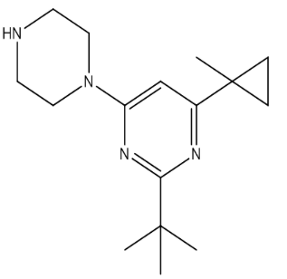 2-(叔丁基)-4-(1-甲基环丙基)-6-(哌嗪-1-基)嘧啶，cas876028-69-2