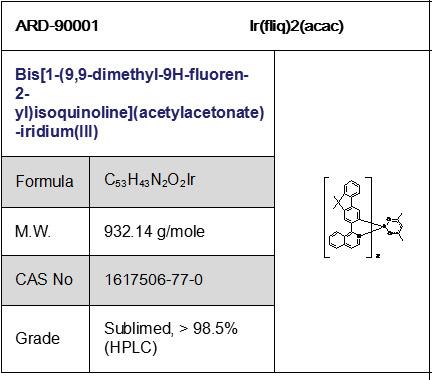 双[1-(9,9-二甲基-9H-氟-2-基)-异喹啉](乙酰丙酮)铱(III)cas:1617506-77-0,IR(FLIQ)2(ACAC)